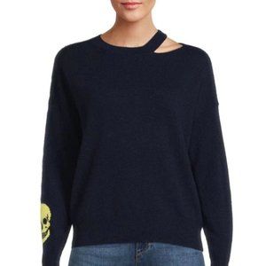 360 CASHMERE Rue Cutout Skull Print Navy Cashmere Cold Shoulder Pullover Sweater